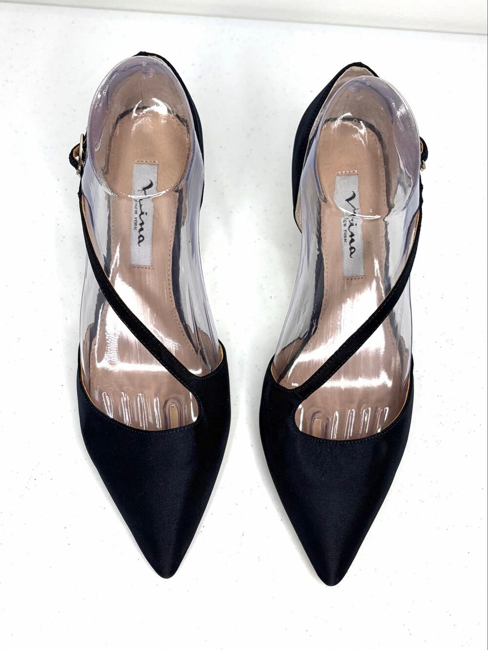 Nina Tirisa Pointed Toe Pumps Women's Sz 7.5 Navy Satin Cross Strap Formal Gala